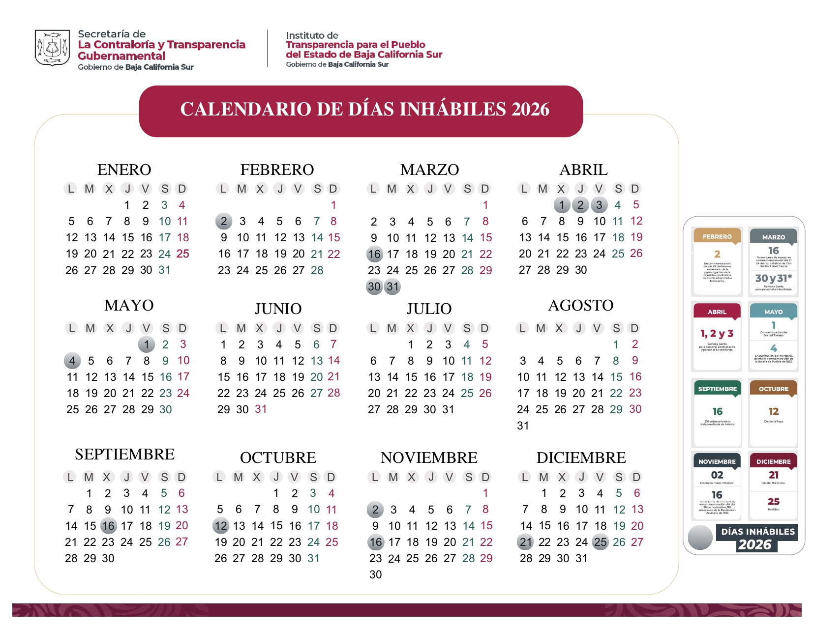 Calendario oficial del Instituto de Transparencia para el Pueblo del Estado de Baja California Sur