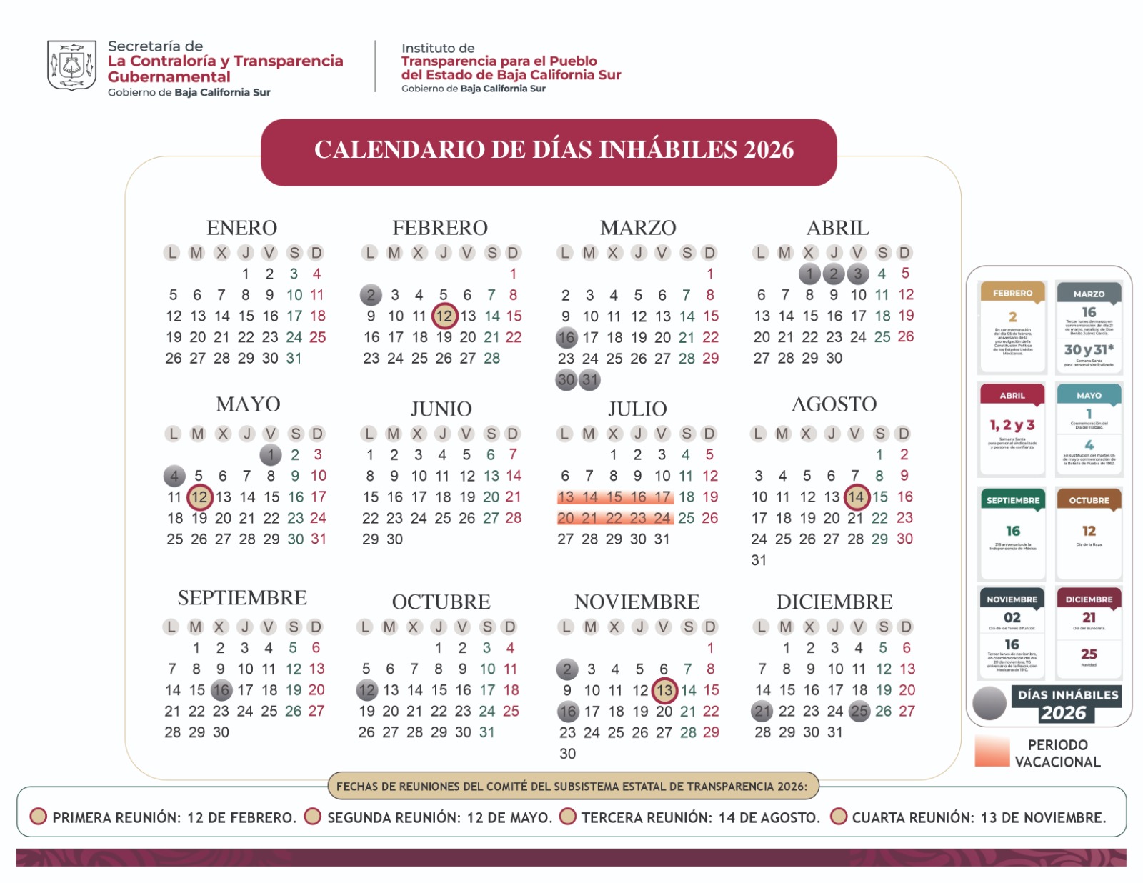 Calendario de Sesiones del Comité de Transparencia