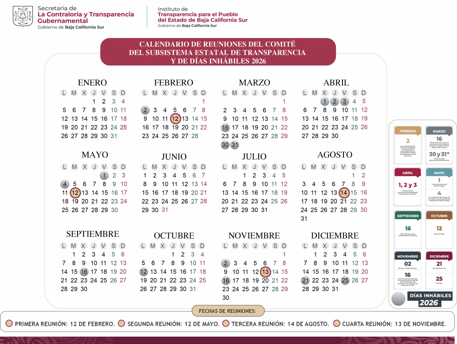 Calendario de Sesiones del Comité de Transparencia